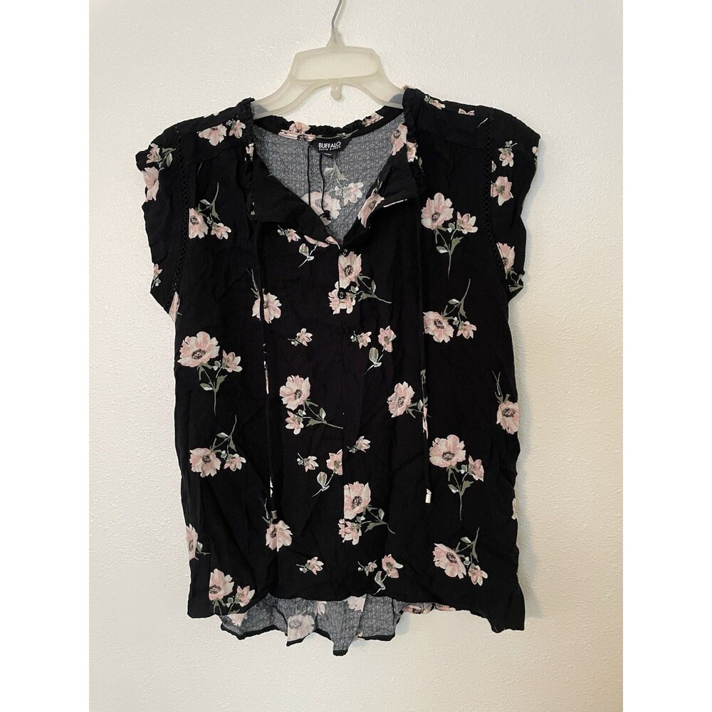 Buffalo David Bitton Blouse Women's Small Black Floral Flutter Sleeve Top